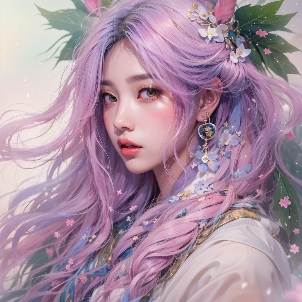 (((Single eyelid)))Snow hoop exclusion area 32K(tmasterpiece,k hd,hyper HD,32K)Long flowing purple-pink hair,Autumn Pond,zydink, a color, Tongzhou people (Girl with glowing eyes), (Thin silk scarf), Side squat position, looking at the ground, long whitr hair, Floating hair, Python headdress, Chinese long-sleeved clothing, (abstract ink splash:1.2), white backgrounid,Lotus protector(realisticlying:1.4),Purple-pink hair,Snowflakes fluttering,The background is pure, A high resolution, the detail, RAW photogr, Sharp Re, Nikon D850 Film Stock Photo by Jefferies Lee 4 Kodak Portra 400 Camera F1.6 shots, Rich colors, ultra-realistic vivid textures, Dramatic lighting, Unreal Engine Art Station Trend, cinestir 800,Long flowing purple-pink hair,((masterpiece)). This artwork is sweet, dreamy and ethereal, with soft pink watercolor hues and candy accents. Generate a delicate and demure fae exploring a (bubblegum world with a wide variety of pastel shades). Her sweet face is extremely detailed and realistic with elegant features and a fierce expression, and looks like ((((naomi scott)))). Include mature features and stunning, highly realistic eyes. Her eyes are important and should be realistic, highly detailed, and beautiful. In high definition and detail, include lots of details like stars, galaxies, colorful bubbles, colorful petals, and lots of energy and emotion! The stars and colorful bubblegum bubbles are important! Include fantasy details, enhanced details, iridescence, colorful glittering wind, and pollen. Pay special attention to her face and make sure it is beautifully and realistically detailed. The image should be dreamy and ethereal.8k, intricate, elegant, highly detailed, majestic, digital photography