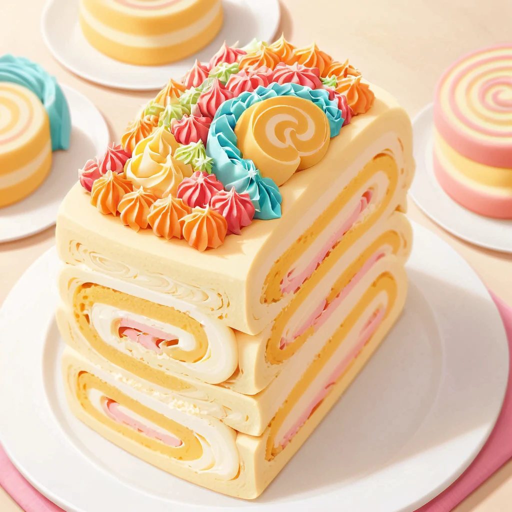 A vector illustration of a beautifully colorful slice of Swiss roll cake, depicted in a delicious and delicate style, viewed from the front. The cake slice is designed to highlight its vibrant colors and appealing texture, emphasizing its mouth-watering appearance. This clean and simple representation focuses on the intricate layers and creamy filling of the Swiss roll, showcasing its aesthetic appeal and taste.