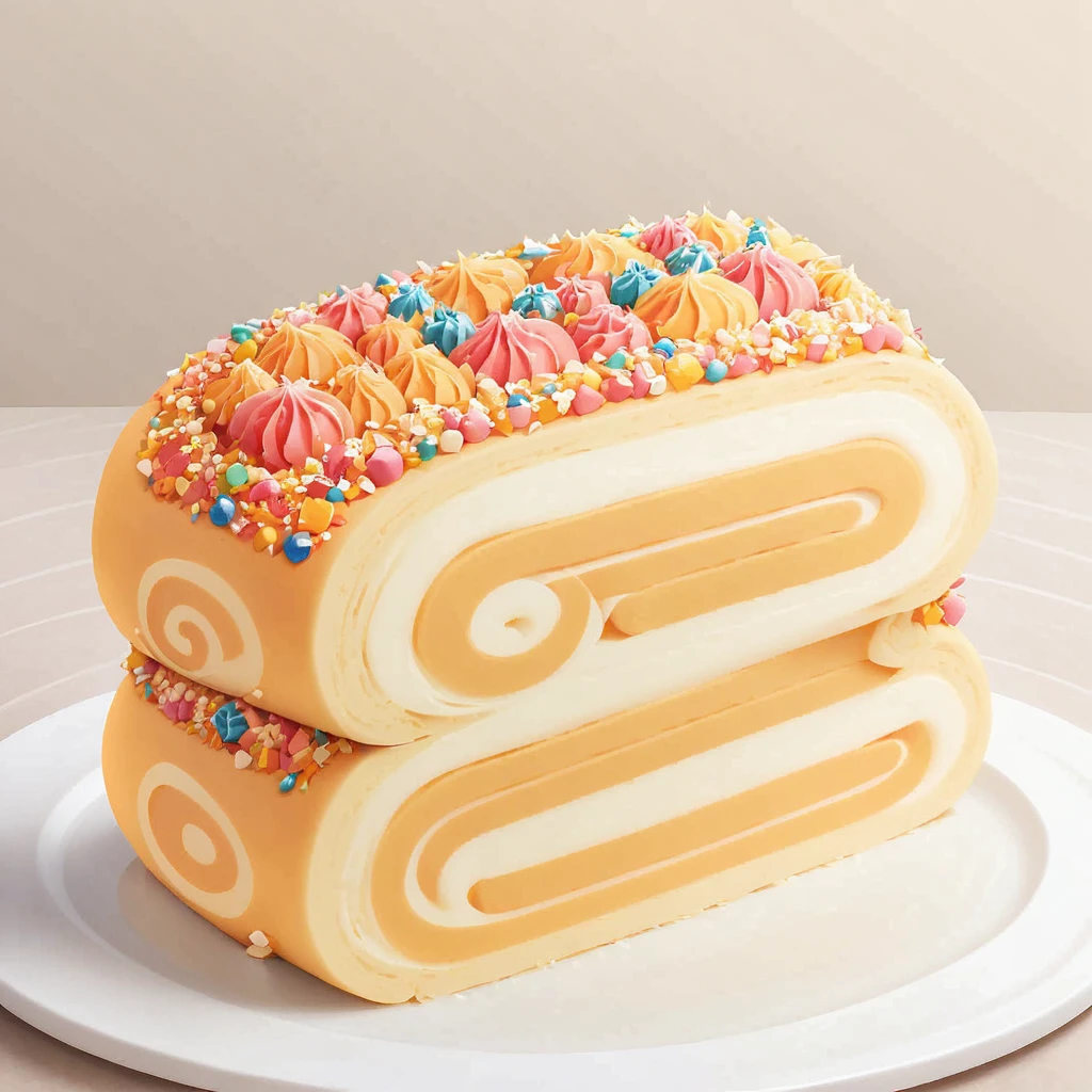 A vector illustration of a beautifully colorful slice of Swiss roll cake, depicted in a delicious and delicate style, viewed from the front. The cake slice is designed to highlight its vibrant colors and appealing texture, emphasizing its mouth-watering appearance. This clean and simple representation focuses on the intricate layers and creamy filling of the Swiss roll, showcasing its aesthetic appeal and taste.