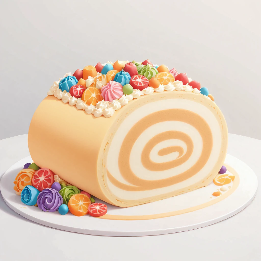 A vector illustration of a beautifully colorful slice of Swiss roll cake, depicted in a delicious and delicate style, viewed from the front. The cake slice is designed to highlight its vibrant colors and appealing texture, emphasizing its mouth-watering appearance. This clean and simple representation focuses on the intricate layers and creamy filling of the Swiss roll, showcasing its aesthetic appeal and taste.