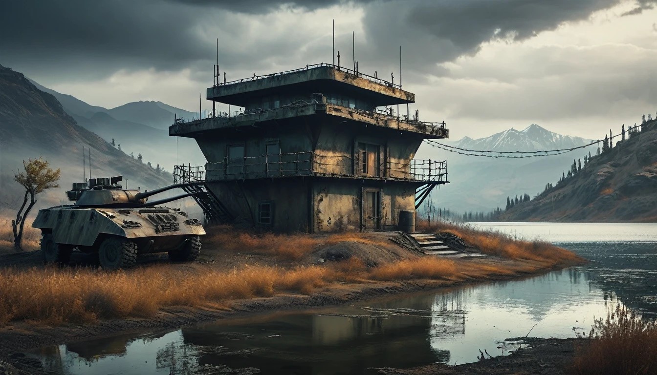 concept art, Small armored bunker-style cabin in a post-apocalyptic style, Surrounded by barbed wire, Turret on the roof, Mountain Lake, dreary smoky atmosphere, Epic long shot, ApoAI, 8k, UHD, HDR, (masterpiece:1. 5), (best quality:1. 5), Volumetric Lighting, Epic creation, epic proportions, HD