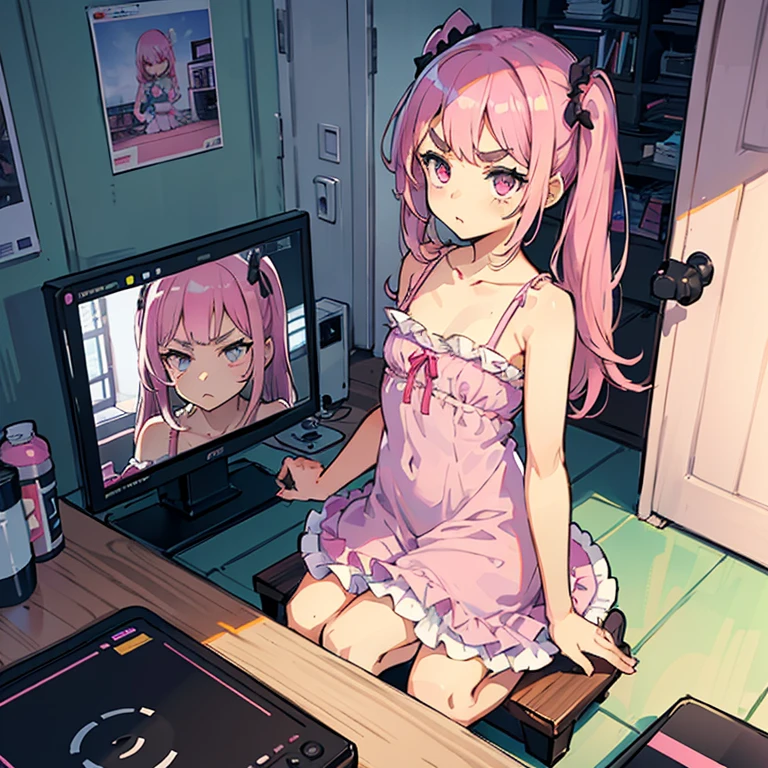 Girls with pink hair, long double-tailed hairstyle, ((small pink bushy eyebrows)), dressed in lolita clothes, marked vagina, lolicon (Zankuro) drawing style by zankuro artist, Zancro style, image uploaded to R34, changing of clothes in a room, semi naked with underwear in her hands looking away, not looking at the camera (hidden camera recording her, security camera filter recording her) (semen in lower body)