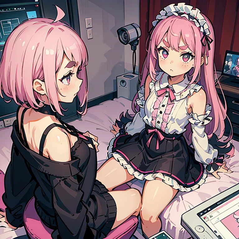 Girls with pink hair, long double-tailed hairstyle, ((small pink bushy eyebrows)), dressed in ta clothes, marked vagina, loli(Zankuro) drawing style by zankuro artist, Zancro style, image uploaded to R34, changing of clothes in a room, (hidden camera recording her, security camera filter recording her)