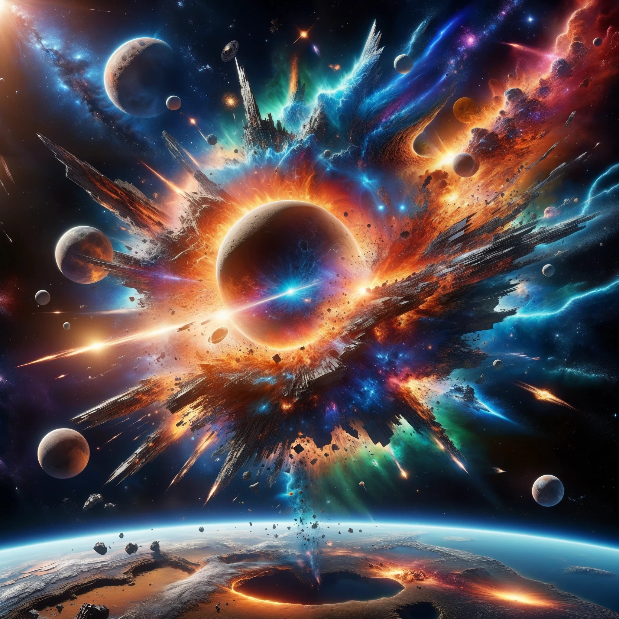 The shattered remnants of a destroyed moon scatter amidst a cosmic shockwave, heralding doom.
(best quality,4k,8k,highres,masterpiece:1.2),ultra-detailed,(realistic,photorealistic,photo-realistic:1.37), HDR, UHD, studio lighting, ultra-fine painting, sharp focus, physically-based rendering, extreme detail description, professional, vivid colors, bokeh, vibrant nebula, surreal atmosphere, cosmic chaos, glowing fragments, mesmerizing colors, ethereal debris, celestial devastation, dynamic energy, infinite depth, explosive power, cinematic impact, shattered moon fragments, cosmic explosion, swirling cosmic dust, otherworldly spectacle, imminent danger, unfolding catastrophe, tumultuous force, cosmic shockwave, dramatic destruction, impending doom, universe's wrath, cosmic devastation, spectacular apocalypse, chaos unfolding, cosmic aftermath, cosmic debris, catastrophic event, cosmic upheaval.