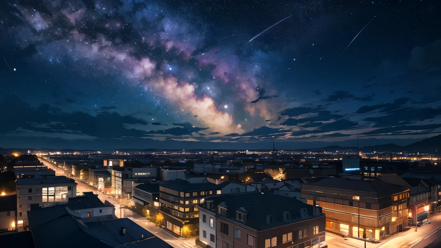 outdoors, sky, no humans, night, star \(sky\), night sky, scenery, starry sky, city lights