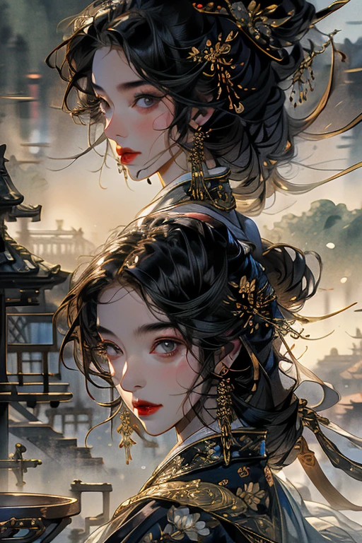 masterpiece, Fine details, Black hair and black pupils,girl,Chinese clothing, ((The face and eyes are very detailed)), lifelike,, Focus on the eyes,, Looking at the audience, The crazy laugh after revenge , Simple background