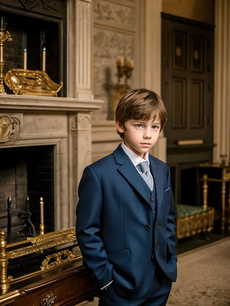 A 10-year-old boy next to a large fireplace, elegant and old, white skin, light brown hair, blue eyes, fine features, handsome boy, shy look, very sad and serious, very elegant clothes, fine London