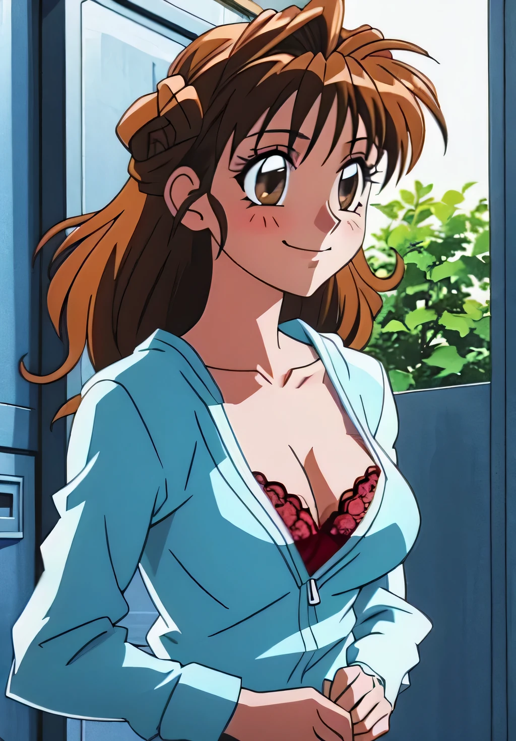 Maron,(((Lace Underwear))),(((Light blue lace bra))),pupil_Brown,blush,smile,locker room,masterpiece, expensive quality, very_expensive_solve, big_file size, Full Color,