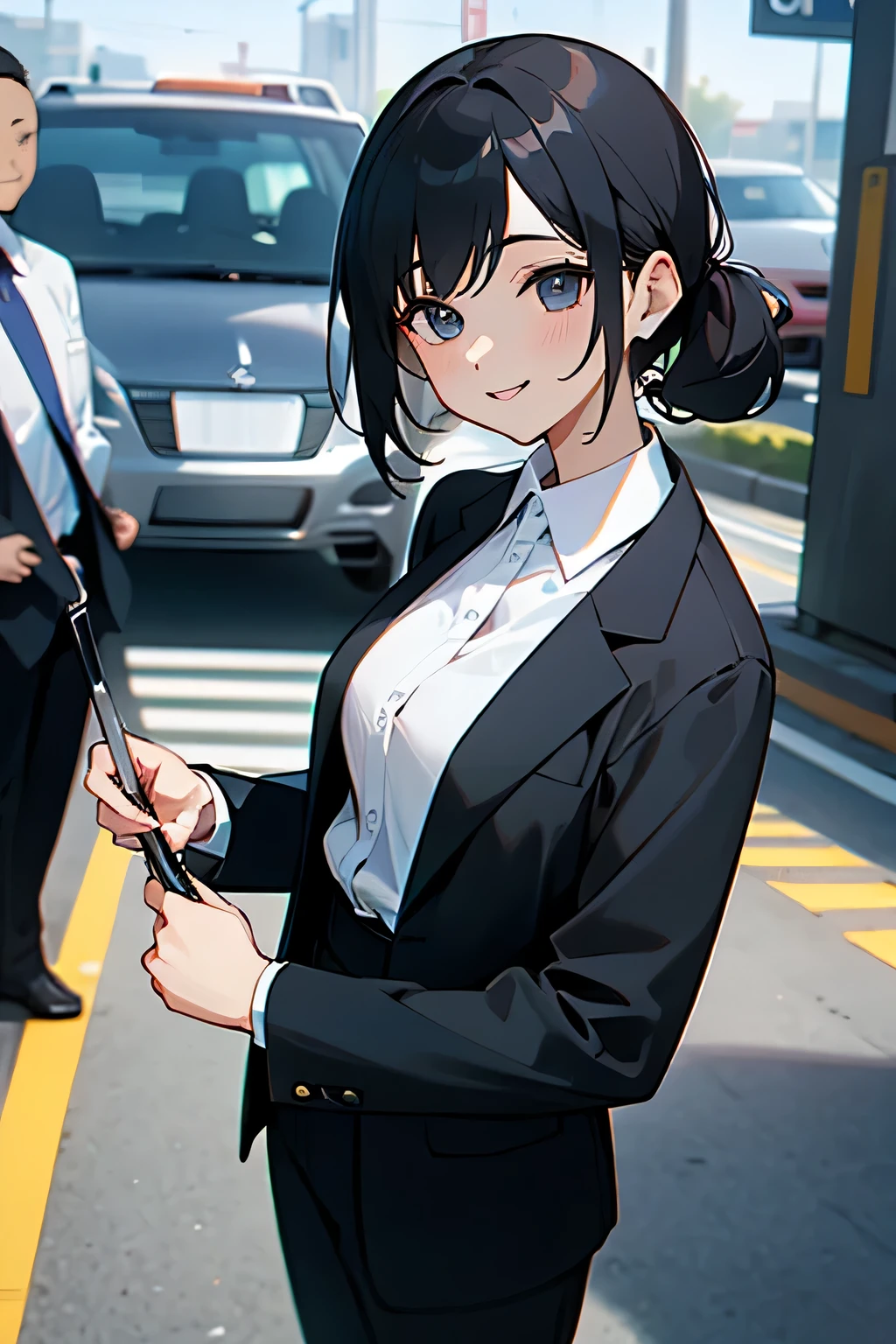 Real estate sales、Explaining parking to customers、From the customer's perspective、smile、Female in her 30s、 black suit、white shirt