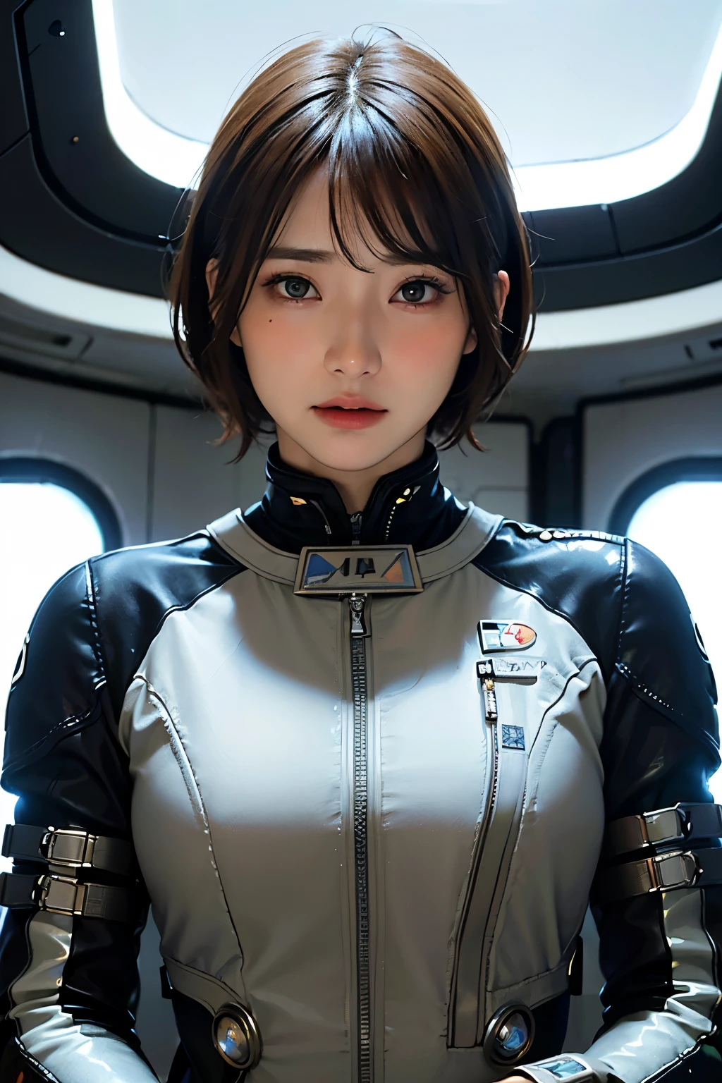 Ultra-high resolution、(Real:1.4)、Beautiful woman１、cyborg、Beautifully detailed eyes and skin、Light brown short hair、Bad mood、melancholy、Full space suit、Space Station、Spaceship、Remains、Cloudy、Sci-Fi Taste、Movie quality、