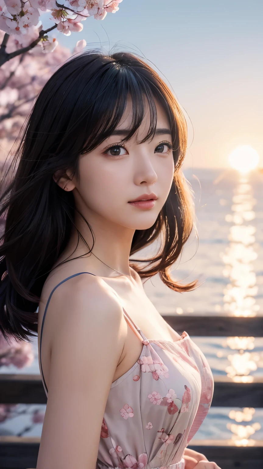 (A logo、​masterpiece、8K、masutepiece、Raw photo、Fantastic、Best Quality、Photorealistic and ighly detailed CG integrated 8k wallpaper、hightquality、ighly detailed、epic poem、Particle effect、Dynamic effects、depth of fields、Cinematic Light、Lens Flare、Ray tracing)、Fantasia、 (Beauty 1 person、doress、Dress、Cherry blossom pattern、A dark-haired、Beautiful face、Real Face、beautiful details eyes beautiful skin)、my hair dances in the wind、Hair flutters in the wind、Hair jumps、Pink cherry blossom tree、Petals flutter、Sakura blizzard、Superb view、morning glow、Sun in the background、the wind、
