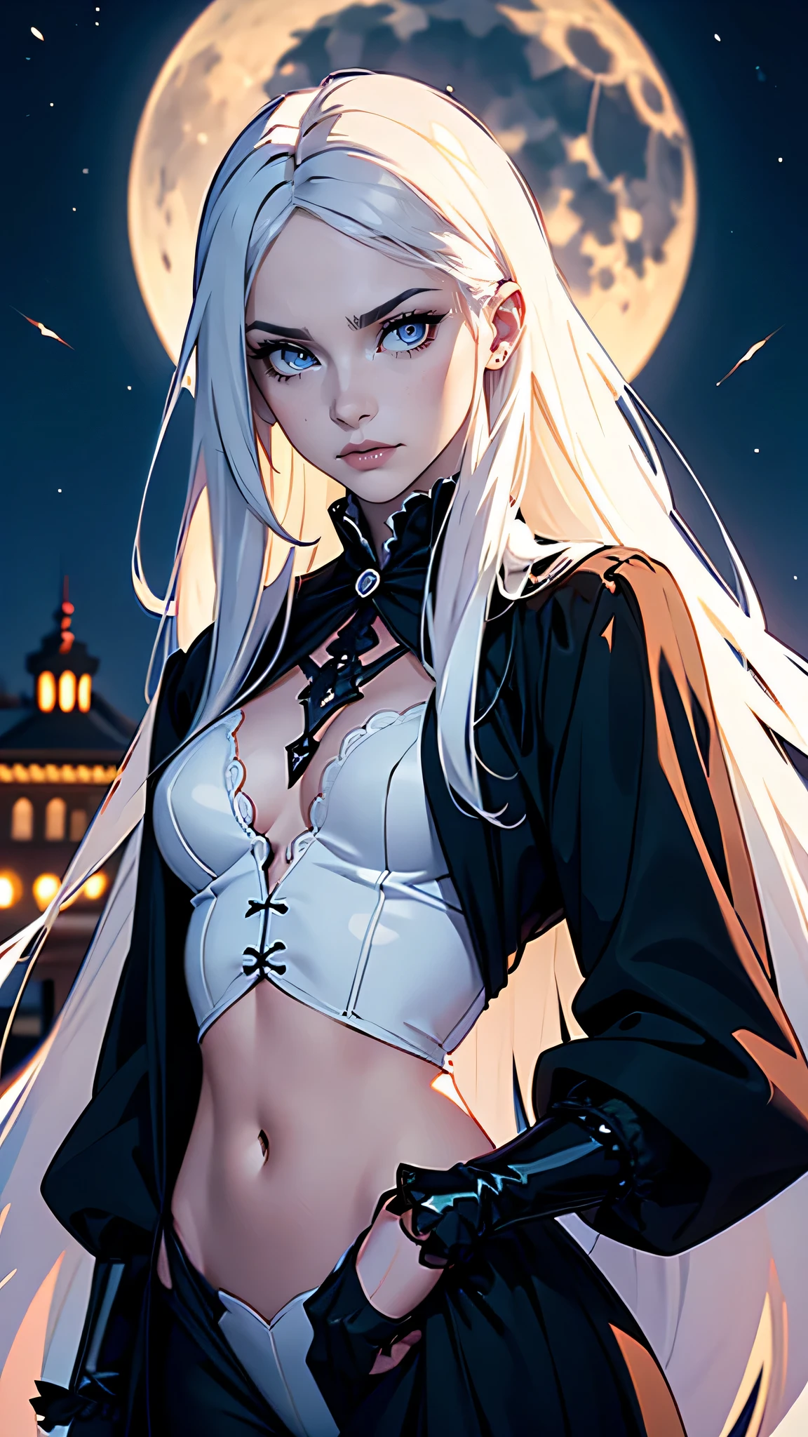 masterpiece, highest quality, (alone focus), (Perfect Face:1.1), (Attention to detail:1.1),dramatic, 1 person, (Pale skin), Long white hair, White eyes, alone, Long Hair, moon, night, White luxury suit, vampire, Covered navel, Pouting, Covered, Victorian cities, Detailed Background, gothic renaissance, Cinema Lighting,