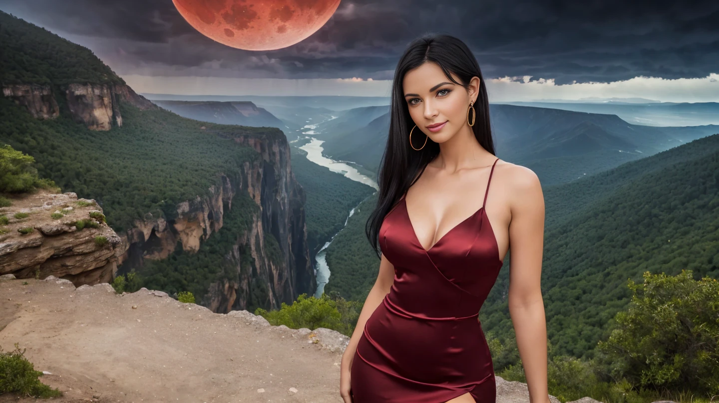 (Very realistic image), Centerpiece, masterpiece, Ultra detailed, High quality, 4k, complex, expert, Center, (volumetric lighting), beautiful, masterpiece, (ultra detailed landscape), (landscape  sharp), (sharp image).  (1 pretty girl alone), (1 sublime European girl aged 30), (European girl), (straight black hair:1.5), (blue eyes:1.3), innocent face, (seductive smile:1.2), (large gold hoop earrings) , (pretty breasts), (plunge neckline), (dark red dress:1.5), (bodycon dress, short dress, slit dress, silk dress:1.5), (gold jewelry). (on top of a mountain overlooking a magnificent landscape of waterfalls and lush forest at the bottom of a canyon:1.3), (storm and red lightning:1.6), (dark night: 1.5), (darkness: 1.5), (blood red moon:1.5), (low lighting). (sensual dynamic pose), (perfect body), (perfect anatomy), (perfect hand), (looks at camera:1.3), (cowboy shot), (upper half of the body view)