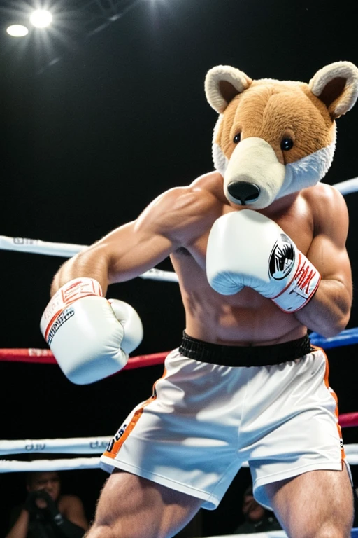 A polar bear wearing boxing shorts and gloves, in a boxing ring , neon lights, high quality, high detail, 8k