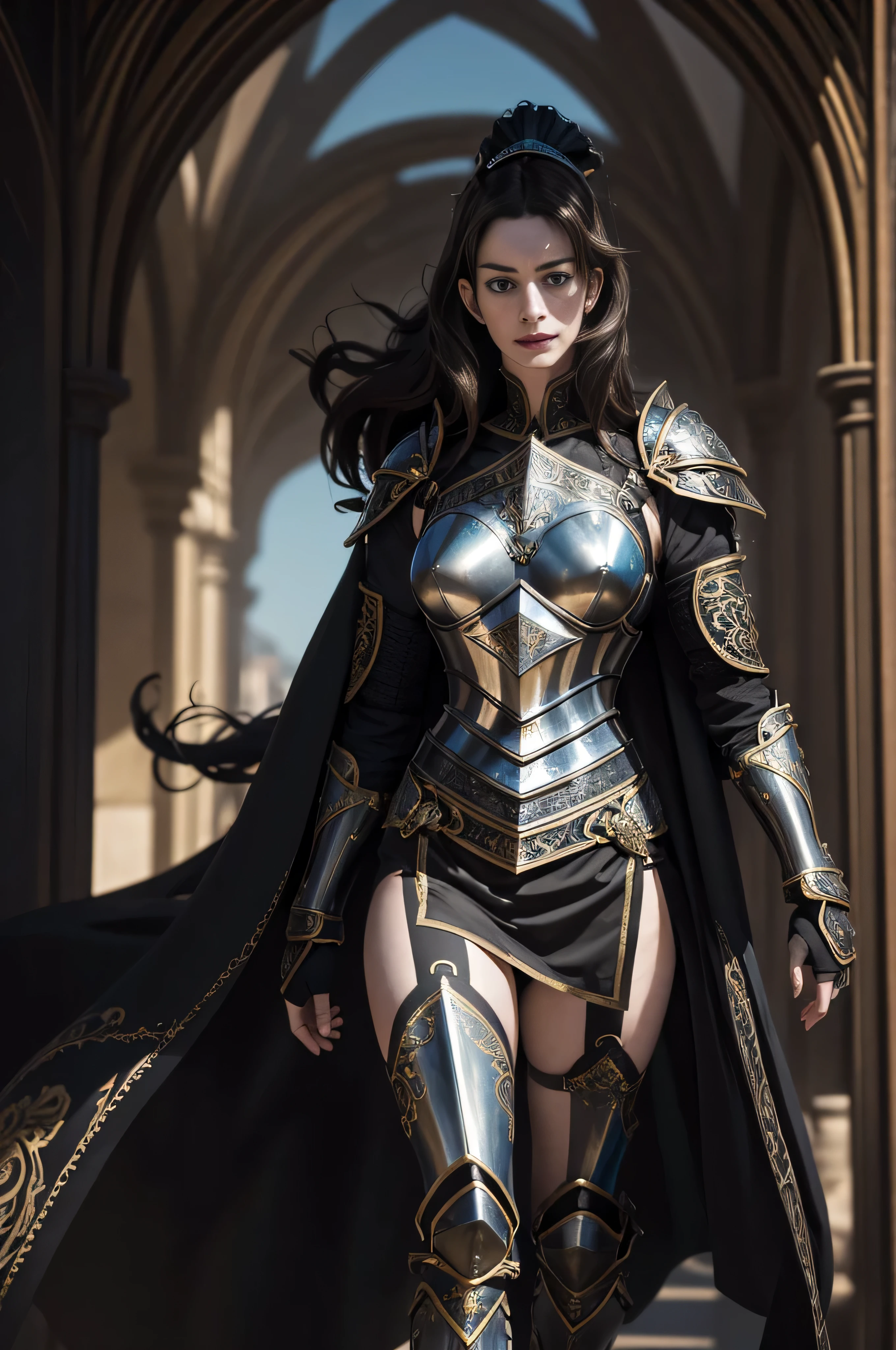 8k、Super beaux elfes、Une vraie peau、Armure de poitrine luxueuse violette et noire、elf ears,Goulotte style model、(highly detailed CG Unity 8k wallpaper)、The photos corporelles en prize de vue complète des plus belles œuvres d&#39;art du monde、Quatre poses avant、Tueur de Démons Elfes Noirs、dark blue hair、Green Valley,Jupe violette et noire、Peau de perle、Diamants、Medieval architecture、Ed Brink、Ateigairan、Studio Ghibli、Jeremy Mann、Greg Manchess、Antonio Moro、Tendance sur ArtStationh、Tendance en CG、 Precision et、To the detail、mise au point nette、dramatic and photorealistic painting art by Midjourney and Greg Rutkowski、Costume sexy、yeux bleus、Voir la visionneuse、Belle expression、Focus on cleavage、Beautiful decoration、Flames black émises par le corps(Superbe effet de flamme noire),un sourire,