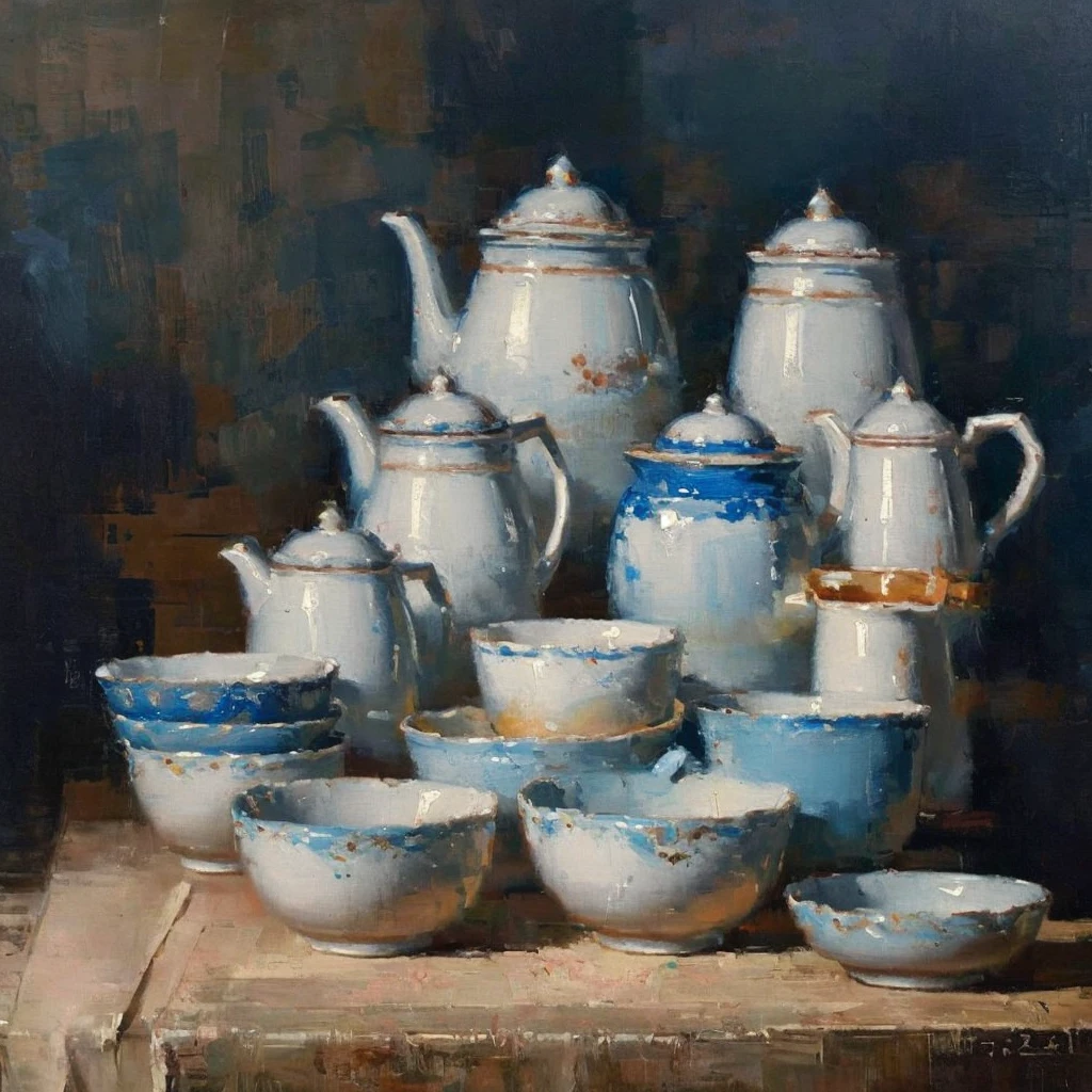 Oil painting, a painting of a display rack with broken blue and white color bowls and bowls, 青花porcelain, bowls and bowls only, close up angel, Still life inspired by Jan De Vliegher, tumblr, Cloisonne, feng zhu, Jin Jin, mingchen shen, kan liu, Blue and White, xue han, 釉面陶porcelain, porcelain, chengwei pan, wenfei ye, wu li