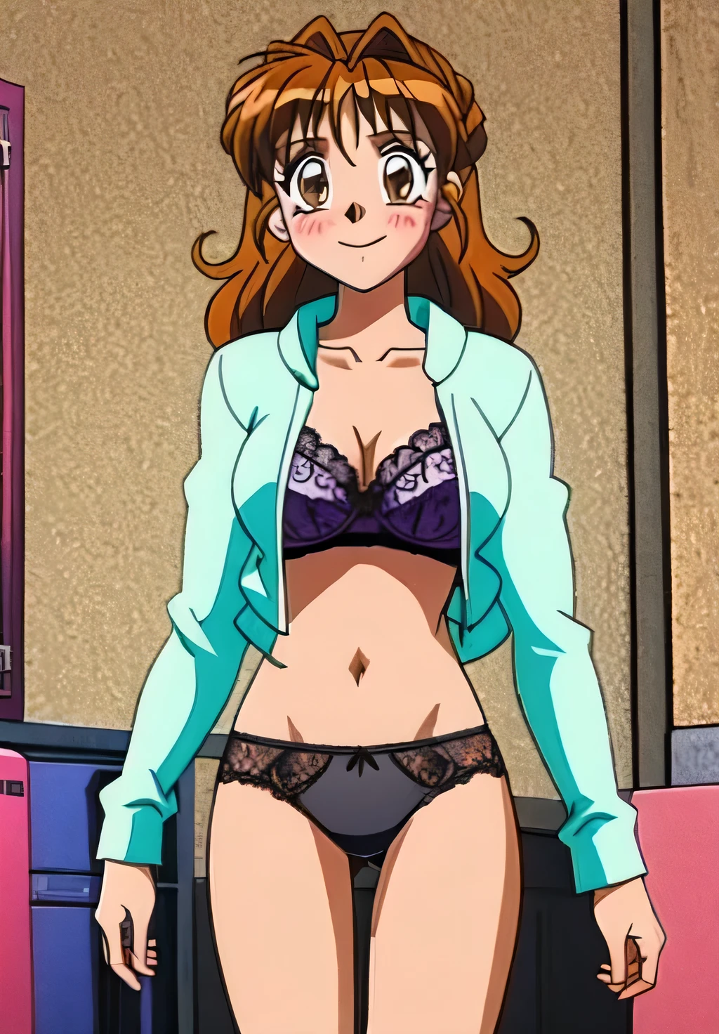 Maron,(((Lace Underwear))),(((Blue lace bra))),pupil_Brown,blush,smile,locker room,Maron_Change clothes,masterpiece, expensive quality, very_expensive_solve, big_file size, Full Color,
