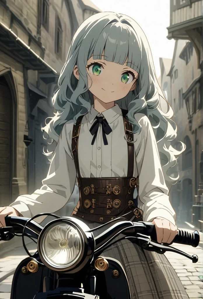 (Cute a girl)1.5, (masterpiece)1.3, anime visual, (school uniform Navy blazer, black ribbon tie, white blouse, checked skirt, )1.3, (Lovey-dovey)1.5, (tilt head)1.3, extremely delicate face, soft clean focus, realistic lighting and shading, (an extremely delicate and beautiful art)1.3, elegant, (muted colors),(a  girl withlavender-colored wavy hair and blunt bangs hair and green eyes)1.4, flat chest,slim,smile,Slender, Steampunk,A steam-powered motorcycle riding through the streets of medieval Europe, wearing goggles,