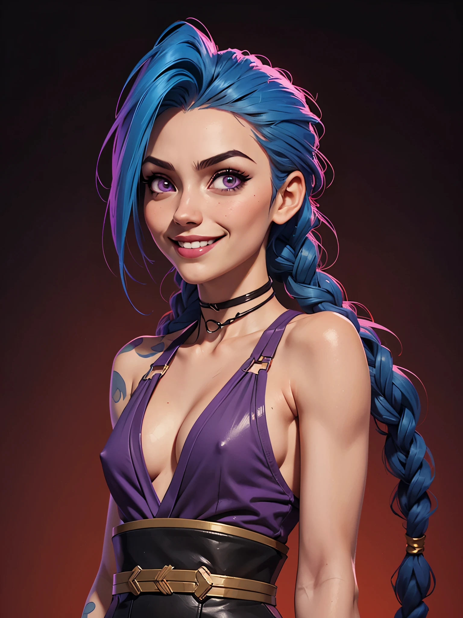 one white girl, jinx, jinx from arcane, solo, abs, slender body, (upper body, bust:1.2), purple eyes, long braid, blue hair, choker, grey skin, (japanese clothes, tiny breasts, small breasts, male chest, cleavage:1.5), bare shoulders, belts, shoulder-belts, masterpiece, highly detailed, look at viewer, expressing joy, shiny blured orange background, gradient sprayed background, smile, happy face, naughty grin, front view, gradient red purple background, blured background, glowing edges of image