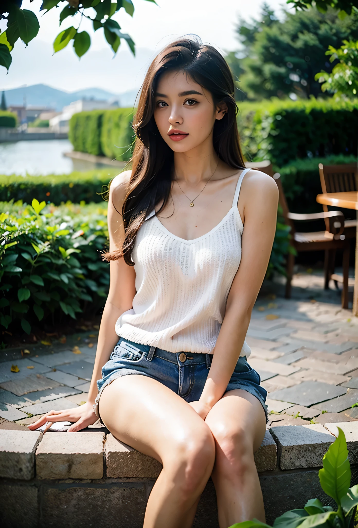 Realistic Photography, Beautiful Female, sitting pose, summer clothes,
 outdoor