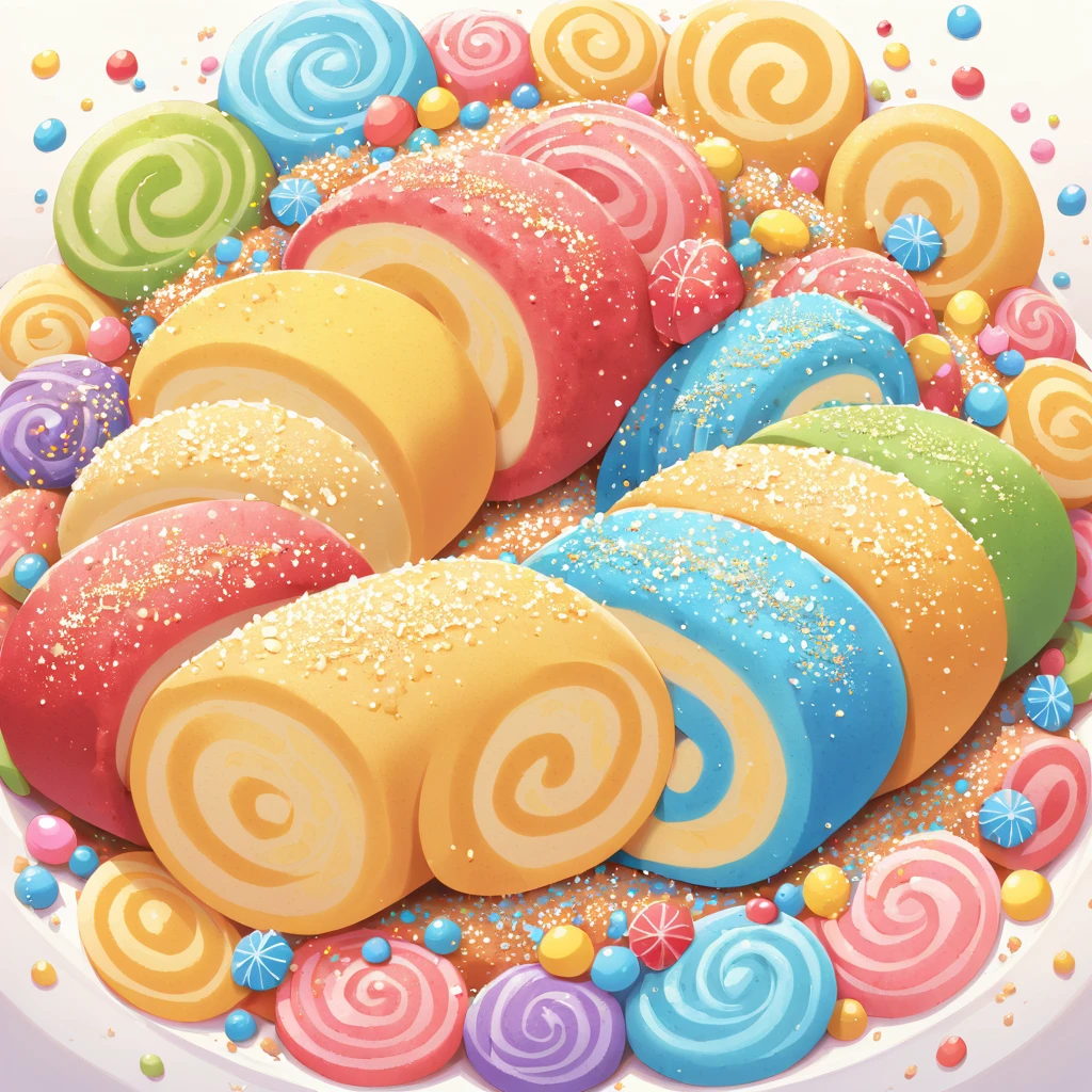 A delicious Swiss roll，Its distinctive blue color。This Swiss roll is decorated with colorful sugar granules.，These colorful sugar particles add a playful atmosphere to it.。Sugar granules with rich colors，Red is included、and green，A pleasant contrast to the blue base of the Swiss roll。Swiss rolls are carefully made，A perfect spiral shape，Its texture looks extremely attractive，Soft and fluffy inner layer，The skin is slightly crispy。Sugar coating is smooth and shiny，The reflected luster makes the Swiss roll look more attractive。