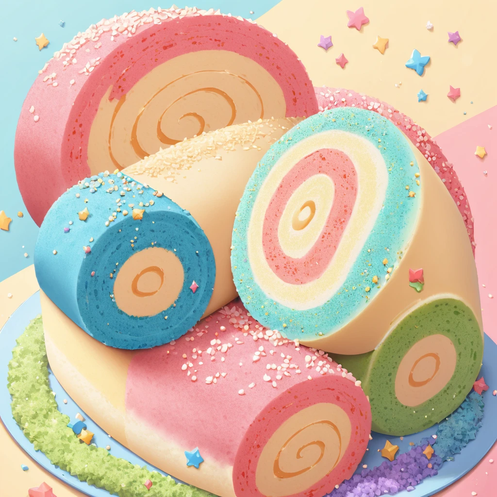 A delicious Swiss roll,Its distinctive blue color。This Swiss roll is decorated with colorful sugar granules.,These colorful sugar particles add a playful atmosphere to it.。Sugar granules with rich colors,Red is included、and green,A pleasant contrast to the blue base of the Swiss roll。Swiss rolls are carefully made,A perfect spiral shape,Its texture looks extremely attractive,Soft and fluffy inner layer,The skin is slightly crispy。Sugar coating is smooth and shiny,The reflected luster makes the Swiss roll look more attractive。