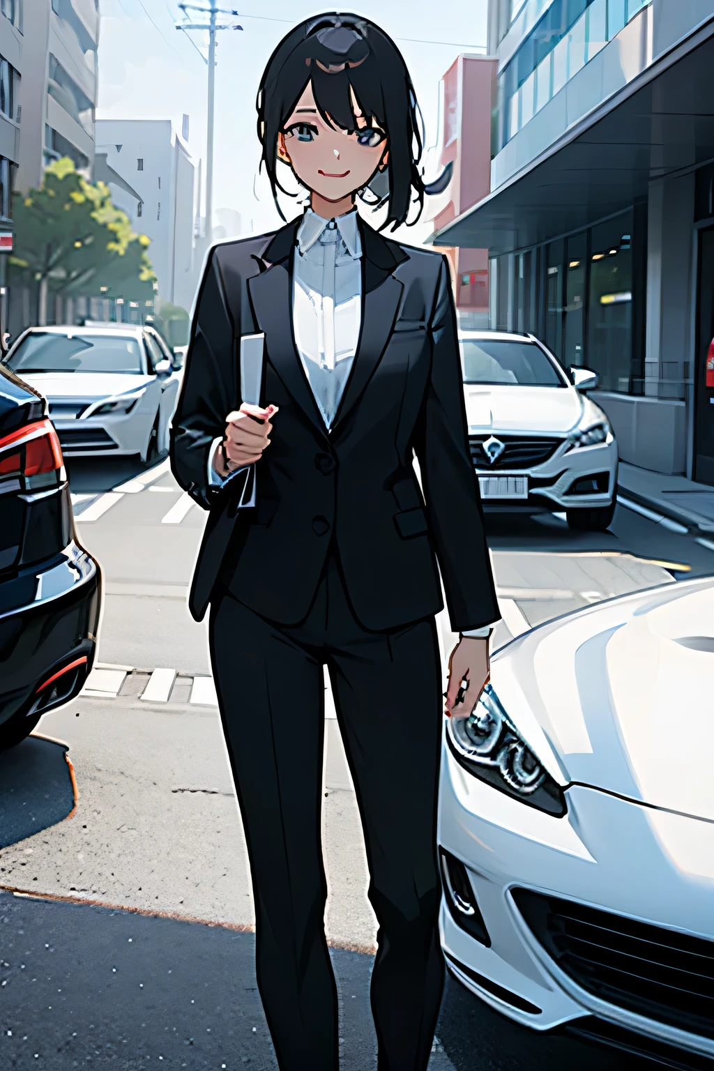 Real estate sales、Explaining the parking lot outside to customers、From the customer's perspective、smile、Female in her 30s、 black suit、white shirt