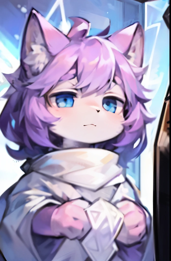 Stuffed cat,Thunder Lion,Hairy,Furry,whole body,White scarf with pentagram pattern ,Scarf flying,White sweatshirt,black jeans with white stripes,Q version,good looking,simple art style,Manga style,The outer ring is purple、Inner ring is blue、Eyes,Close one eye,Dark purple hair above the ears, White hair on the tip of the ear,Purple hair on back,Hairy 蓬松的猫尾,Big cat ears,Big pink tail、The tip of the tail is white,Surrounded by blue thunder and lightning,Lightning element,Blue Space,Spaceship