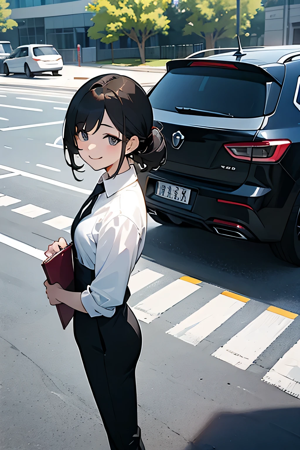 Real estate sales、Explaining the parking lot outside to customers、From the customer's perspective、smile、Female in her 30s、　black suit、white shirt
