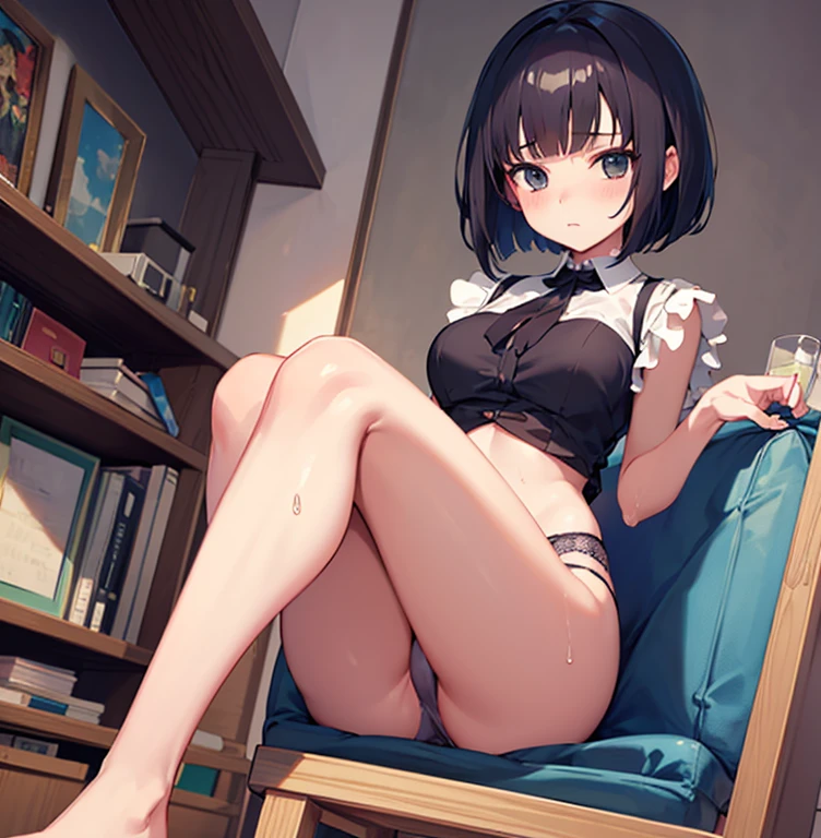  panties pull, no panties, no pants, Wet、two legs, bob cut, Naughty anime style、Beautiful Anime Girls、From below、Embarrassing、 、(masterpiece, best quality:1.2), illustration, 8k, hd, 1girl, solo