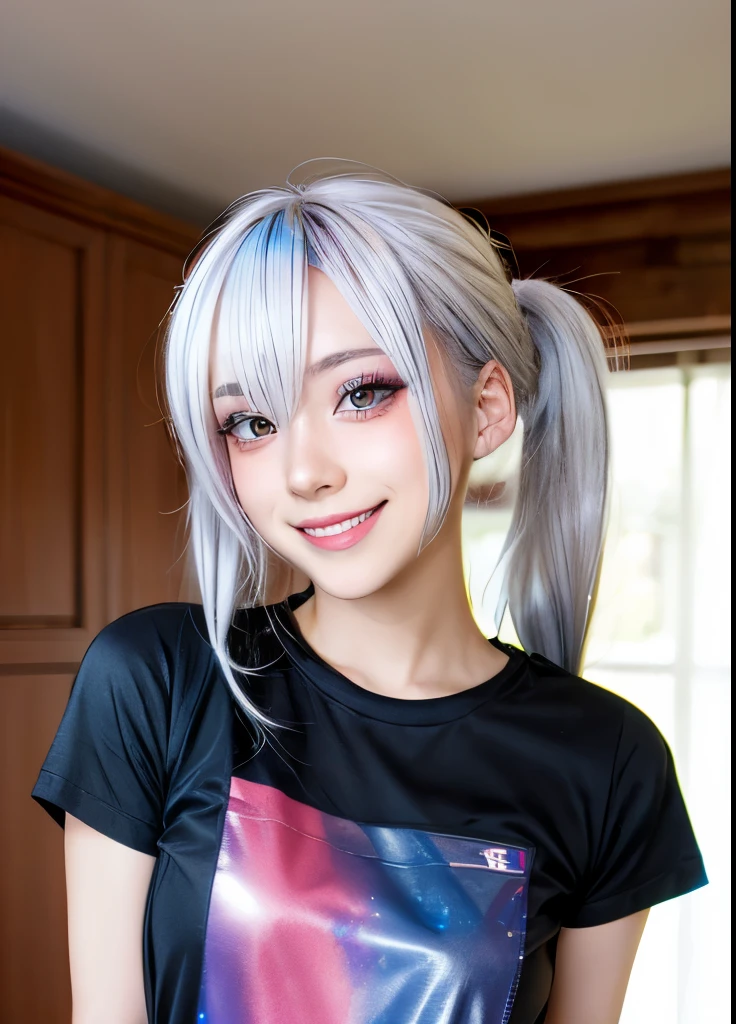 woman, Holo-Punk Style, perfect white hair, masterpiece, best quality, indoors,shy, grin, messy twintails, makeup, standing, posing, blush, black t-shirt, white striped sleeves