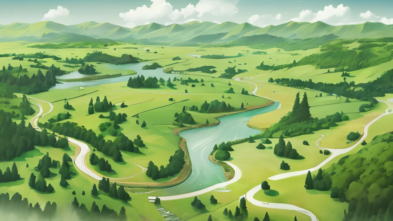 A big map,forest,river,Mountains and rivers,Plains,A main road 4k hd wallpaper illustration, A beautiful artistic illustration,Miyazaki style,