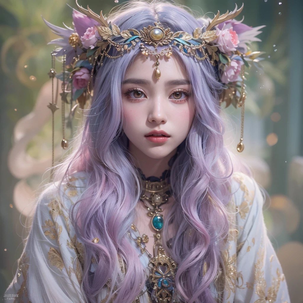 （（（Single eyelid）））Snow hoop exclusion area 32K（tmasterpiece，k hd，hyper HD，32K）Long flowing purple-pink hair，Autumn Pond，zydink， a color， Tongzhou people （Girl with glowing eyes）， （Thin silk scarf）， Side squat position， looking at the ground， long whitr hair， Floating hair， Python headdress， Chinese long-sleeved clothing， （abstract ink splash：1.2）， white backgrounid，Lotus protector（realisticlying：1.4），Purple-pink hair，Snowflakes fluttering，The background is pure， A high resolution， the detail， RAW photogr， Sharp Re， Nikon D850 Film Stock Photo by Jefferies Lee 4 Kodak Portra 400 Camera F1.6 shots, Rich colors, ultra-realistic vivid textures, Dramatic lighting, Unreal Engine Art Station Trend, cinestir 800，Long flowing purple-pink hair，((masterpiece)). This artwork is sweet, dreamy and ethereal, with soft pink watercolor hues and candy accents. Generate a delicate and demure fae exploring a (bubblegum world with a wide variety of pastel shades). Her sweet face is extremely detailed and realistic with elegant features and a fierce expression, and looks like ((((naomi scott)))). Include mature features and stunning, highly realistic eyes. Her eyes are important and should be realistic, highly detailed, and beautiful. In high definition and detail, include lots of details like stars, galaxies, colorful bubbles, colorful petals, and lots of energy and emotion! The stars and colorful bubblegum bubbles are important! Include fantasy details, enhanced details, iridescence, colorful glittering wind, and pollen. Pay special attention to her face and make sure it is beautifully and realistically detailed. The image should be dreamy and ethereal.8k, intricate, elegant, highly detailed, majestic, digital photography