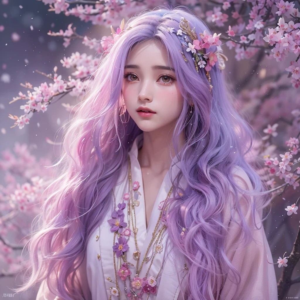 （（（Single eyelid）））Snow hoop exclusion area 32K（tmasterpiece，k hd，hyper HD，32K）Long flowing purple-pink hair，Autumn Pond，zydink， a color， Tongzhou people （Girl with glowing eyes）， （Thin silk scarf）， Side squat position， looking at the ground， long whitr hair， Floating hair， Python headdress， Chinese long-sleeved clothing， （abstract ink splash：1.2）， white backgrounid，Lotus protector（realisticlying：1.4），Purple-pink hair，Snowflakes fluttering，The background is pure， A high resolution， the detail， RAW photogr， Sharp Re， Nikon D850 Film Stock Photo by Jefferies Lee 4 Kodak Portra 400 Camera F1.6 shots, Rich colors, ultra-realistic vivid textures, Dramatic lighting, Unreal Engine Art Station Trend, cinestir 800，Long flowing purple-pink hair，((masterpiece)). This artwork is sweet, dreamy and ethereal, with soft pink watercolor hues and candy accents. Generate a delicate and demure fae exploring a (bubblegum world with a wide variety of pastel shades). Her sweet face is extremely detailed and realistic with elegant features and a fierce expression, and looks like ((((naomi scott)))). Include mature features and stunning, highly realistic eyes. Her eyes are important and should be realistic, highly detailed, and beautiful. In high definition and detail, include lots of details like stars, galaxies, colorful bubbles, colorful petals, and lots of energy and emotion! The stars and colorful bubblegum bubbles are important! Include fantasy details, enhanced details, iridescence, colorful glittering wind, and pollen. Pay special attention to her face and make sure it is beautifully and realistically detailed. The image should be dreamy and ethereal.8k, intricate, elegant, highly detailed, majestic, digital photography