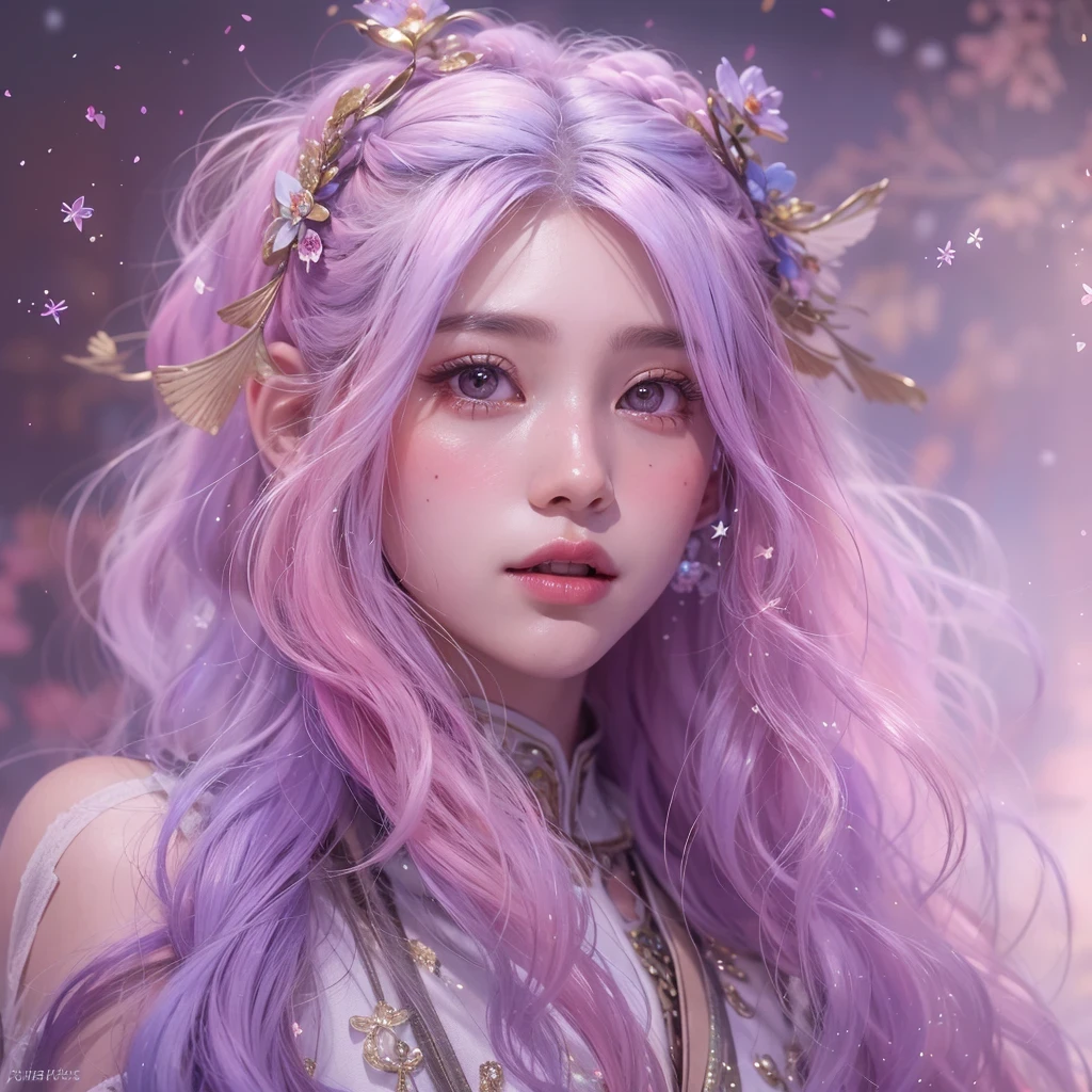 (((Single eyelid)))Snow hoop exclusion area 32K(tmasterpiece,k hd,hyper HD,32K)Long flowing purple-pink hair,Autumn Pond,zydink, a color, Tongzhou people (Girl with glowing eyes), (Thin silk scarf), Side squat position, looking at the ground, long whitr hair, Floating hair, Python headdress, Chinese long-sleeved clothing, (abstract ink splash:1.2), white backgrounid,Lotus protector(realisticlying:1.4),Purple-pink hair,Snowflakes fluttering,The background is pure, A high resolution, the detail, RAW photogr, Sharp Re, Nikon D850 Film Stock Photo by Jefferies Lee 4 Kodak Portra 400 Camera F1.6 shots, Rich colors, ultra-realistic vivid textures, Dramatic lighting, Unreal Engine Art Station Trend, cinestir 800,Long flowing purple-pink hair,((masterpiece)). This artwork is sweet, dreamy and ethereal, with soft pink watercolor hues and candy accents. Generate a delicate and demure fae exploring a (bubblegum world with a wide variety of pastel shades). Her sweet face is extremely detailed and realistic with elegant features and a fierce expression, and looks like ((((naomi scott)))). Include mature features and stunning, highly realistic eyes. Her eyes are important and should be realistic, highly detailed, and beautiful. In high definition and detail, include lots of details like stars, galaxies, colorful bubbles, colorful petals, and lots of energy and emotion! The stars and colorful bubblegum bubbles are important! Include fantasy details, enhanced details, iridescence, colorful glittering wind, and pollen. Pay special attention to her face and make sure it is beautifully and realistically detailed. The image should be dreamy and ethereal.8k, intricate, elegant, highly detailed, majestic, digital photography