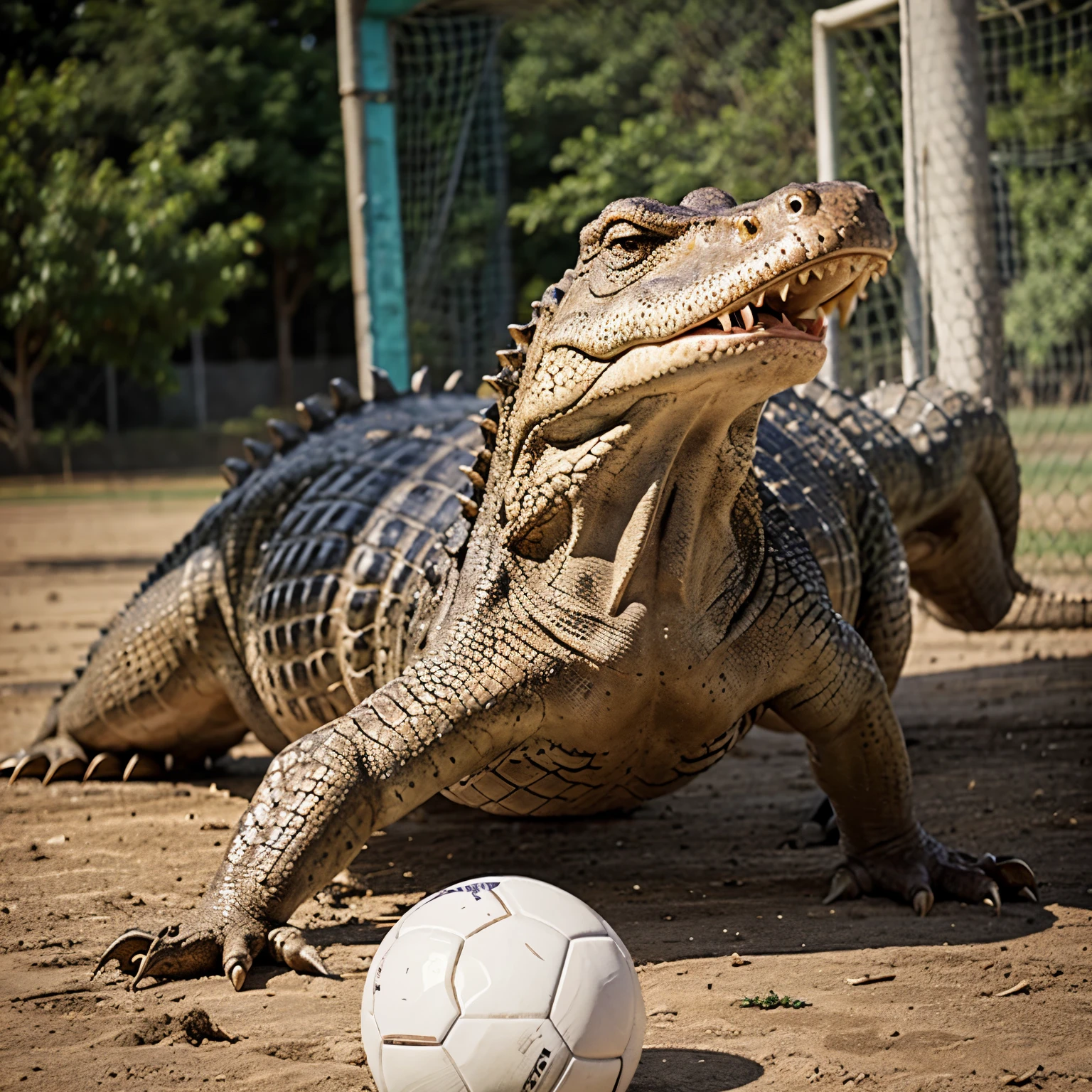 Crocodile playing soccer