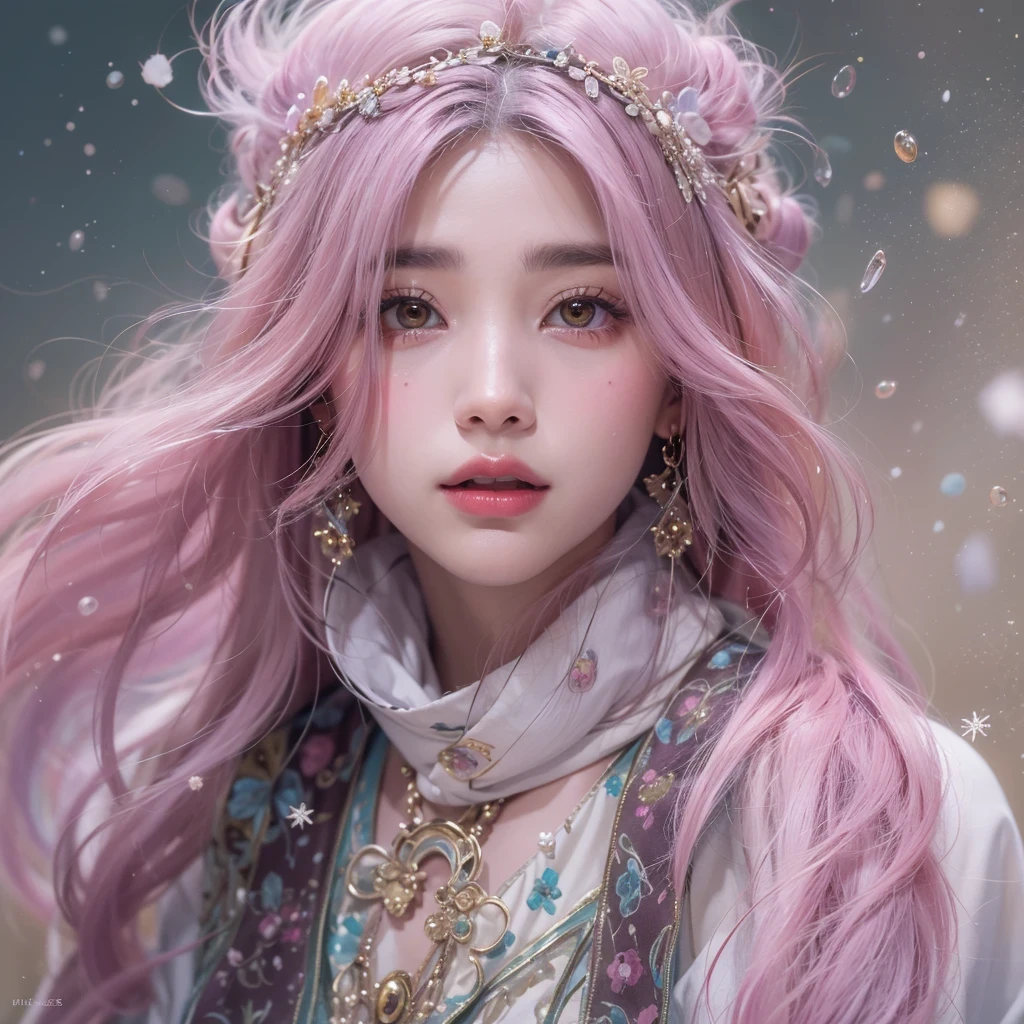 （（（Single eyelid）））Snow hoop exclusion area 32K（tmasterpiece，k hd，hyper HD，32K）Long flowing purple-pink hair，Autumn Pond，zydink， a color， Tongzhou people （Girl with glowing eyes）， （Thin silk scarf）， Side squat position， looking at the ground， long whitr hair， Floating hair， Python headdress， Chinese long-sleeved clothing， （abstract ink splash：1.2）， white backgrounid，Lotus protector（realisticlying：1.4），Purple-pink hair，Snowflakes fluttering，The background is pure， A high resolution， the detail， RAW photogr， Sharp Re， Nikon D850 Film Stock Photo by Jefferies Lee 4 Kodak Portra 400 Camera F1.6 shots, Rich colors, ultra-realistic vivid textures, Dramatic lighting, Unreal Engine Art Station Trend, cinestir 800，Long flowing purple-pink hair，((masterpiece)). This artwork is sweet, dreamy and ethereal, with soft pink watercolor hues and candy accents. Generate a delicate and demure fae exploring a (bubblegum world with a wide variety of pastel shades). Her sweet face is extremely detailed and realistic with elegant features and a fierce expression, and looks like ((((naomi scott)))). Include mature features and stunning, highly realistic eyes. Her eyes are important and should be realistic, highly detailed, and beautiful. In high definition and detail, include lots of details like stars, galaxies, colorful bubbles, colorful petals, and lots of energy and emotion! The stars and colorful bubblegum bubbles are important! Include fantasy details, enhanced details, iridescence, colorful glittering wind, and pollen. Pay special attention to her face and make sure it is beautifully and realistically detailed. The image should be dreamy and ethereal.8k, intricate, elegant, highly detailed, majestic, digital photography