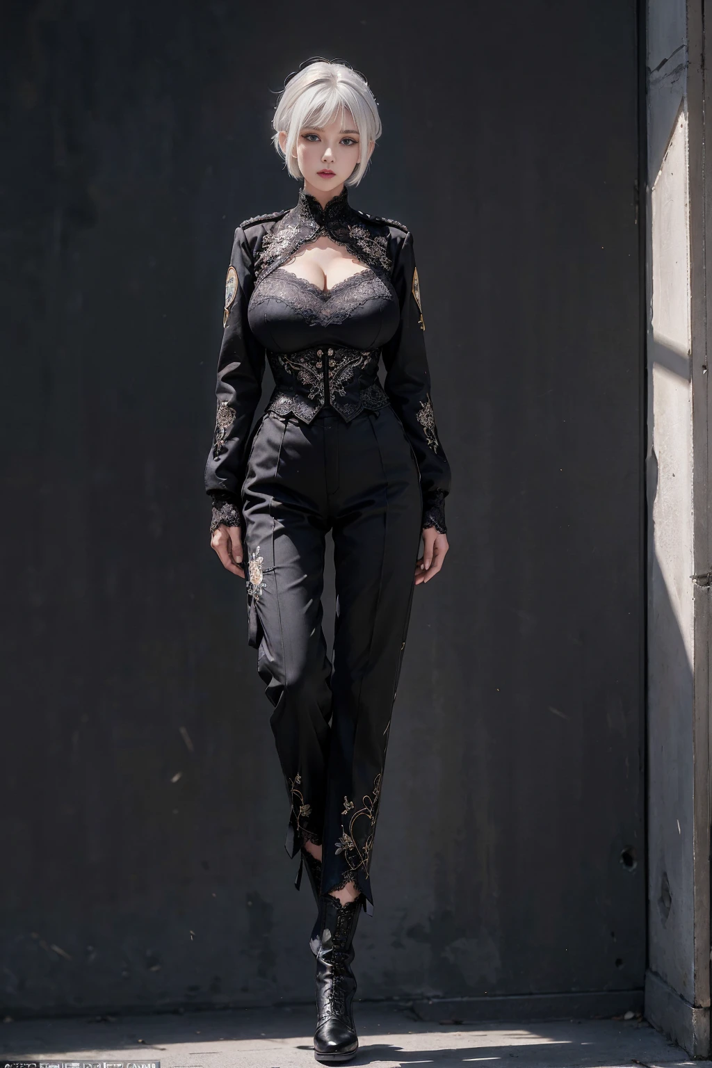 ((1 Full body single woman)) ,(Shooting from front and middle), looking at the camera, centered image, tmasterpiece,A high resolution, Absolutely beautiful, facing to the camera, Tall and fit body,(big breast : 1.3), white short hair with updo, (full coverage black lace uniform, Embroidery uniform, decorated uniform and pants, Exquisite details of the uniform and pants, black lace stockings, warrior, black gloves, show black boots, (lace) uniform, allure:white hair, short hair (hair behind the body), young adult,(Tall:1.5),Rich scene detail,In the midst of the war,standing.