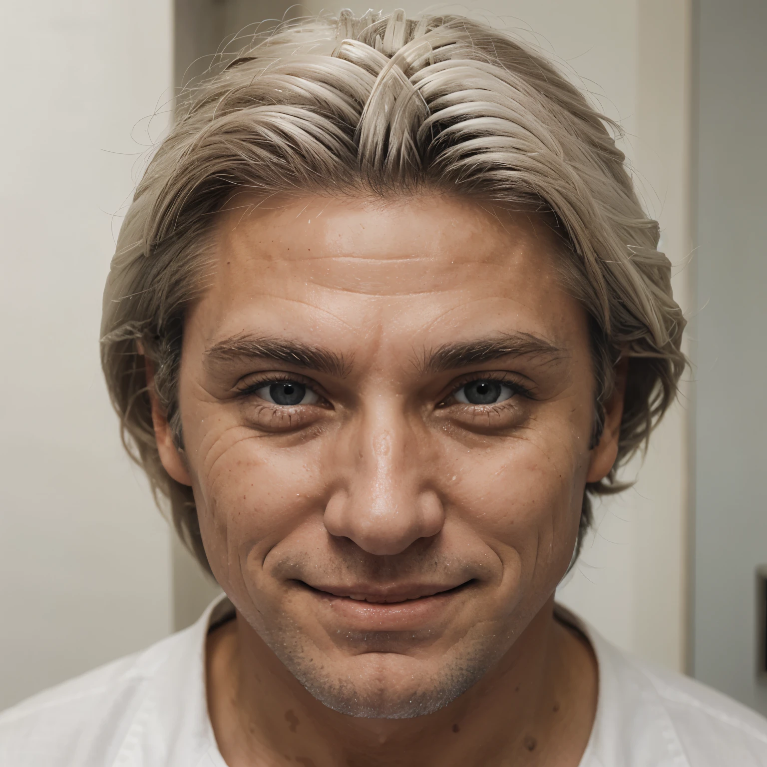 Photograph of a white-haired man, ojos azules penetrantes, piel clara, sonrisa perversa, homofobico, malo y italiano
