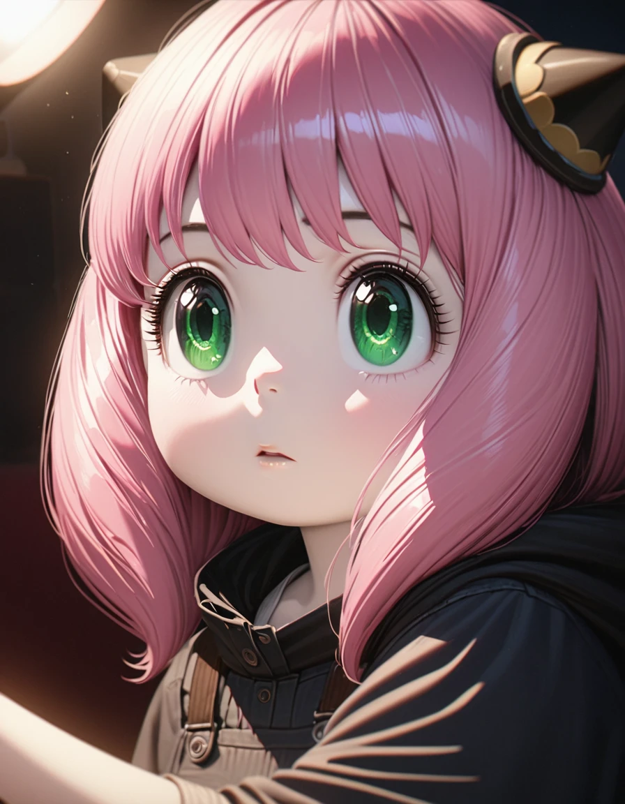 Beautiful baby girl with realistic green eyes, Pale skin, Medium length pink hair, hair pod, Perfect Face, Perfect Eyes, Wearing a black poncho, Very detailed, Overall Movie, Digital Painting, 8k, Cinema Lighting, highest quality, High resolution, Detailed work, Post-processing, Perfect results, Ultra-realistic