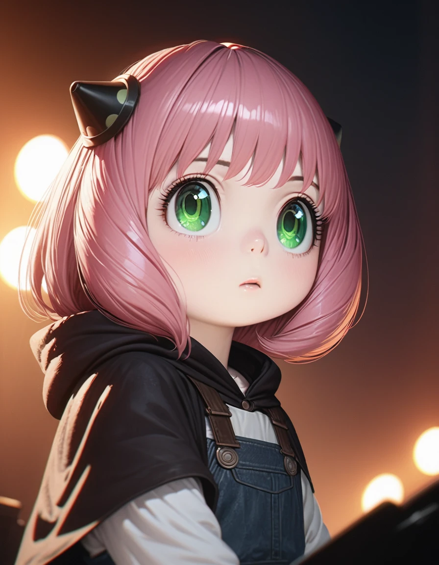 Beautiful baby girl with realistic green eyes, Pale skin, Medium length pink hair, hair pod, Perfect Face, Perfect Eyes, Wearing a black poncho, Very detailed, Overall Movie, Digital Painting, 8k, Cinema Lighting, highest quality, High resolution, Detailed work, Post-processing, Perfect results, Ultra-realistic