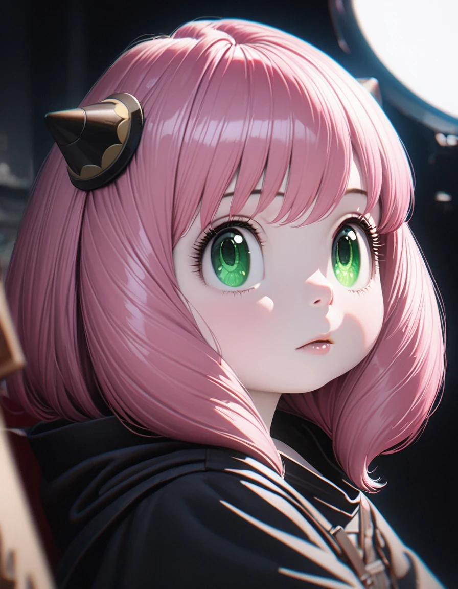 Beautiful baby girl with realistic green eyes, Pale skin, Medium length pink hair, hair pod, Perfect Face, Perfect Eyes, Wearing a black poncho, Very detailed, Overall Movie, Digital Painting, 8k, Cinema Lighting, highest quality, High resolution, Detailed work, Post-processing, Perfect results, Ultra-realistic