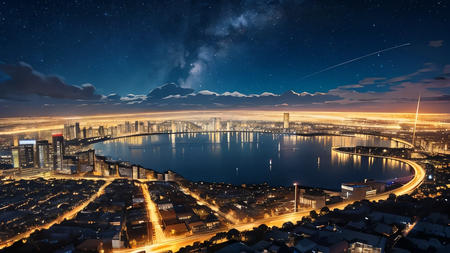 outdoors, sky, no humans, night, star \(sky\), night sky, scenery, starry sky, city lights