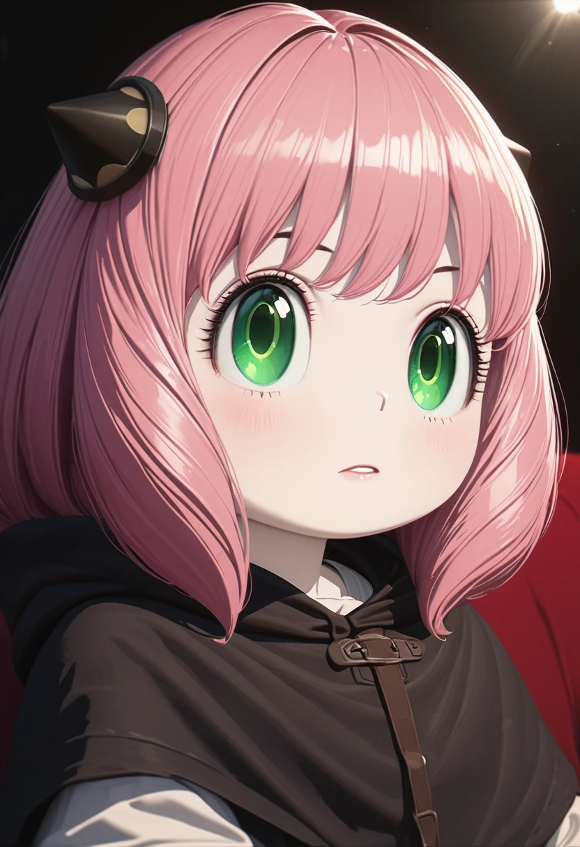 Beautiful baby girl with realistic green eyes, Pale skin, Medium length pink hair, hair pod, Perfect Face, Perfect Eyes, Wearing a black poncho, Very detailed, Overall Movie, Digital Painting, 8k, Cinema Lighting, highest quality, High resolution, Detailed work, Post-processing, Perfect results, Ultra-realistic