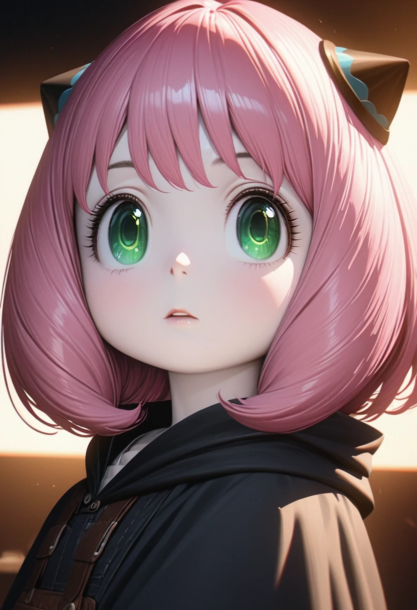 Beautiful baby girl with realistic green eyes, Pale skin, Medium length pink hair, hair pod, Perfect Face, Perfect Eyes, Wearing a black poncho, Very detailed, Overall Movie, Digital Painting, 8k, Cinema Lighting, highest quality, High resolution, Detailed work, Post-processing, Perfect results, Ultra-realistic