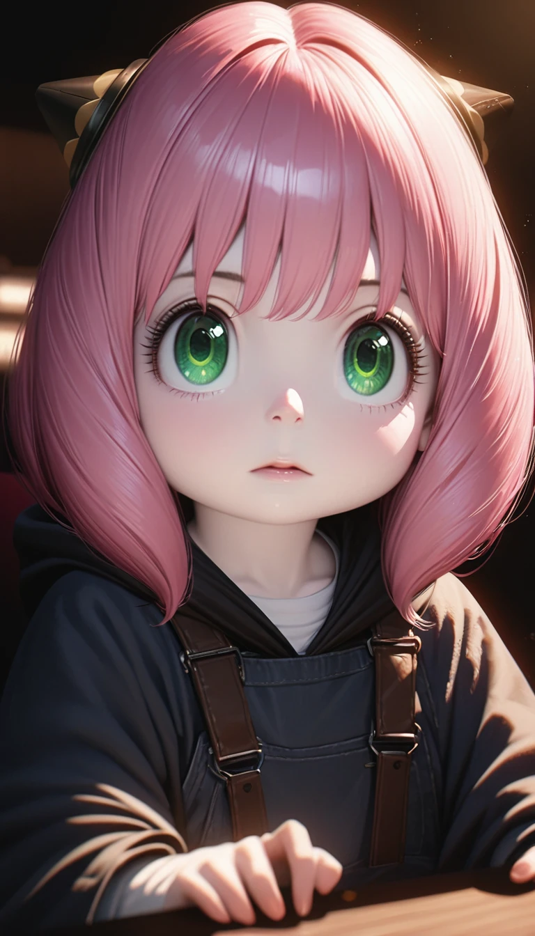 Beautiful baby girl with realistic green eyes, Pale skin, Medium length pink hair, hair pod, Perfect Face, Perfect Eyes, Wearing a black poncho, Very detailed, Overall Movie, Digital Painting, 8k, Cinema Lighting, highest quality, High resolution, Detailed work, Post-processing, Perfect results, Ultra-realistic