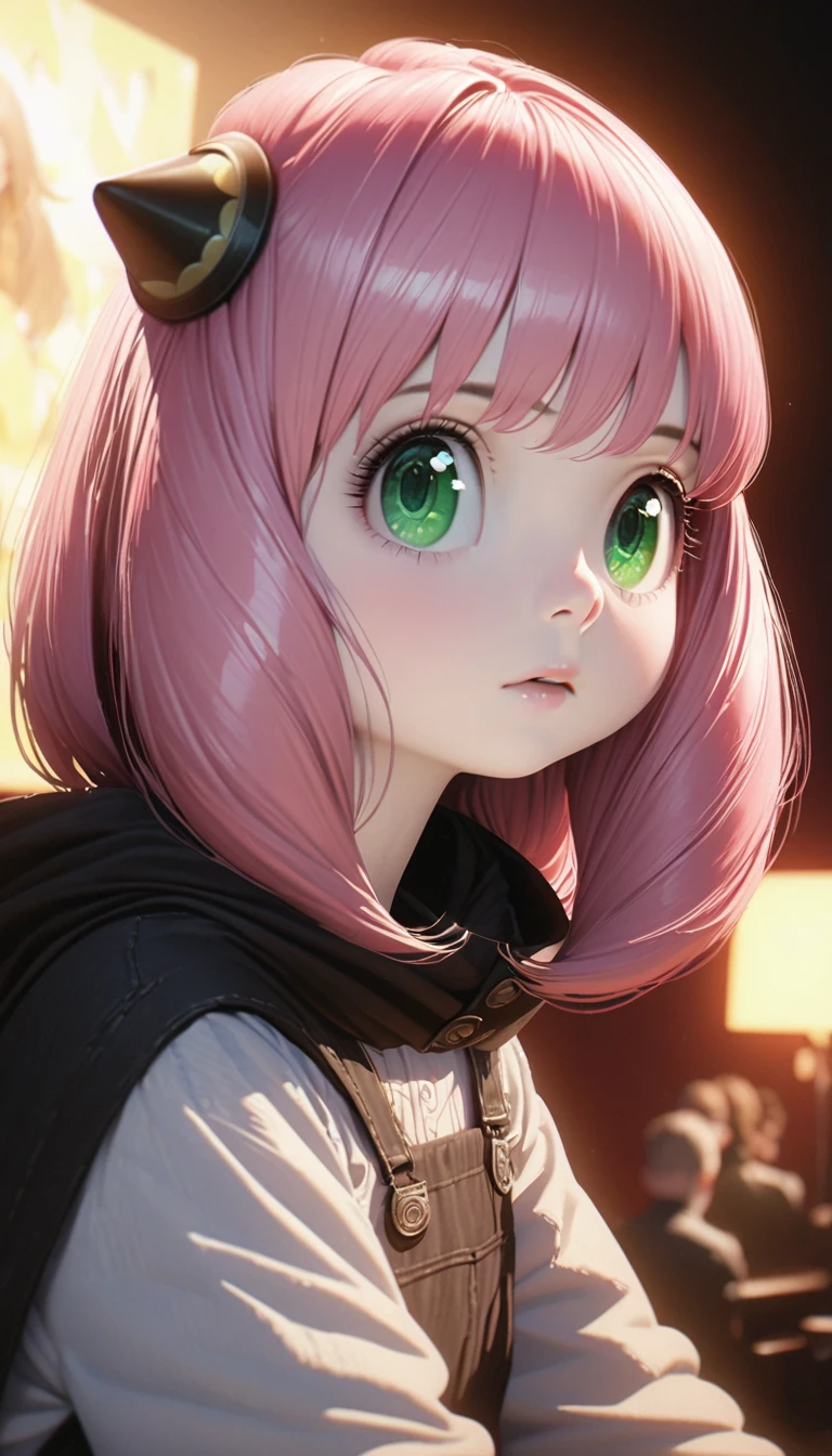 Beautiful baby girl with realistic green eyes, Pale skin, Medium length pink hair, hair pod, Perfect Face, Perfect Eyes, Wearing a black poncho, Very detailed, Overall Movie, Digital Painting, 8k, Cinema Lighting, highest quality, High resolution, Detailed work, Post-processing, Perfect results, Ultra-realistic