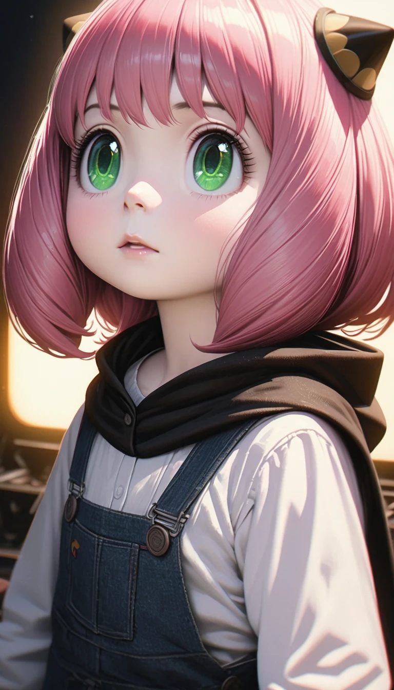 Beautiful baby girl with realistic green eyes, Pale skin, Medium length pink hair, hair pod, Perfect Face, Perfect Eyes, Wearing a black poncho, Very detailed, Overall Movie, Digital Painting, 8k, Cinema Lighting, highest quality, High resolution, Detailed work, Post-processing, Perfect results, Ultra-realistic