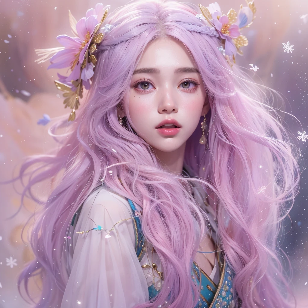 (((Single eyelid)))Snow hoop exclusion area 32K(tmasterpiece,k hd,hyper HD,32K)Long flowing purple-pink hair,Autumn Pond,zydink, a color, Tongzhou people (Girl with glowing eyes), (Thin silk scarf), Side squat position, looking at the ground, long whitr hair, Floating hair, Python headdress, Chinese long-sleeved clothing, (abstract ink splash:1.2), white backgrounid,Lotus protector(realisticlying:1.4),Purple-pink hair,Snowflakes fluttering,The background is pure, A high resolution, the detail, RAW photogr, Sharp Re, Nikon D850 Film Stock Photo by Jefferies Lee 4 Kodak Portra 400 Camera F1.6 shots, Rich colors, ultra-realistic vivid textures, Dramatic lighting, Unreal Engine Art Station Trend, cinestir 800,Long flowing purple-pink hair,((masterpiece)). This artwork is sweet, dreamy and ethereal, with soft pink watercolor hues and candy accents. Generate a delicate and demure fae exploring a (bubblegum world with a wide variety of pastel shades). Her sweet face is extremely detailed and realistic with elegant features and a fierce expression, and looks like ((((naomi scott)))). Include mature features and stunning, highly realistic eyes. Her eyes are important and should be realistic, highly detailed, and beautiful. In high definition and detail, include lots of details like stars, galaxies, colorful bubbles, colorful petals, and lots of energy and emotion! The stars and colorful bubblegum bubbles are important! Include fantasy details, enhanced details, iridescence, colorful glittering wind, and pollen. Pay special attention to her face and make sure it is beautifully and realistically detailed. The image should be dreamy and ethereal.8k, intricate, elegant, highly detailed, majestic, digital photography