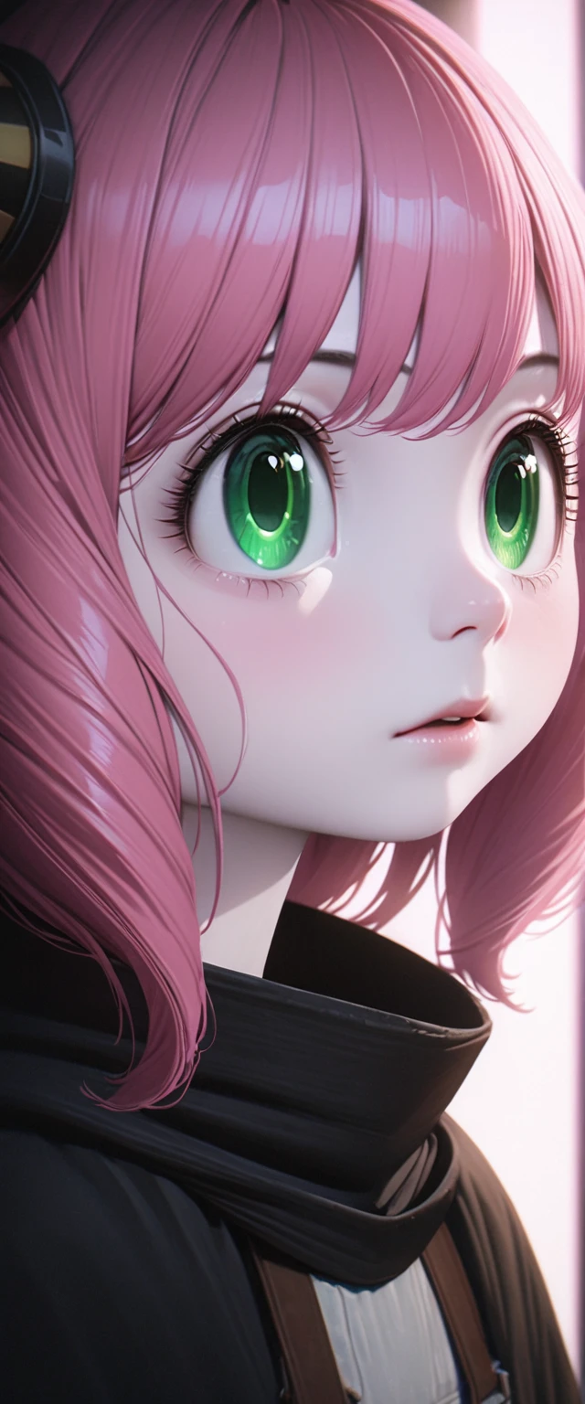 Beautiful baby girl with realistic green eyes, Pale skin, Medium length pink hair, hair pod, Perfect Face, Perfect Eyes, Wearing a black poncho, Very detailed, Overall Movie, Digital Painting, 8k, Cinema Lighting, highest quality, High resolution, Detailed work, Post-processing, Perfect results, Ultra-realistic